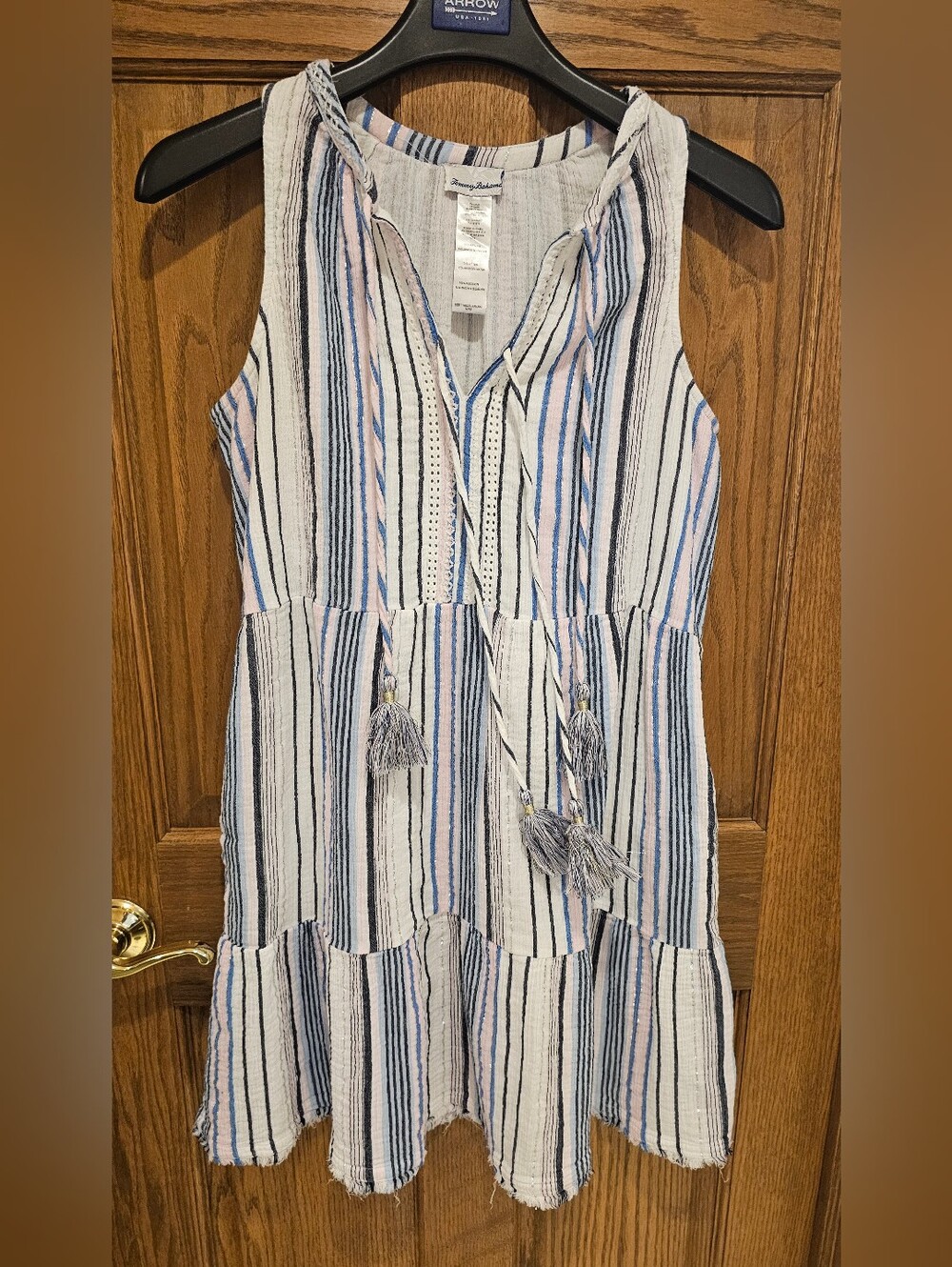 Tommy Bahama White, Blue & Pink Striped Midi Dress with Tassel Ties